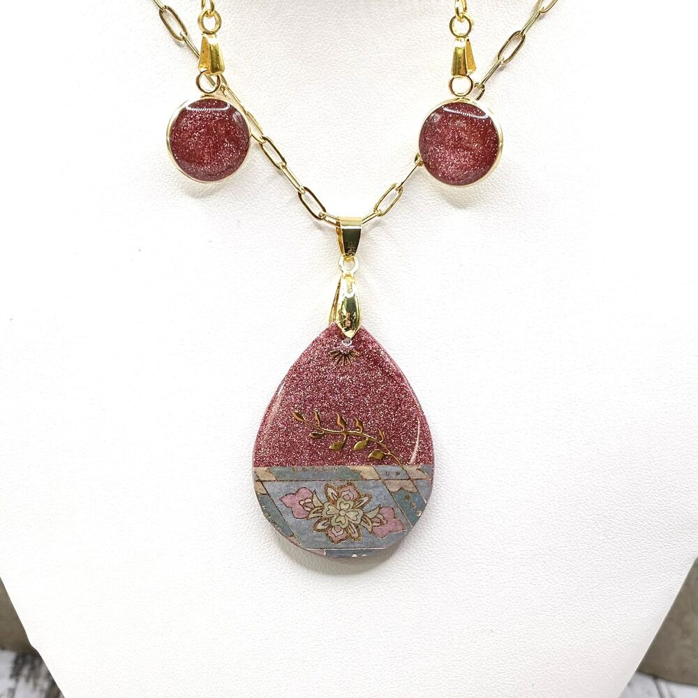 Handmade Burgundy Resin Teardrop Necklace & Earring Set | Gold Botanical Accent